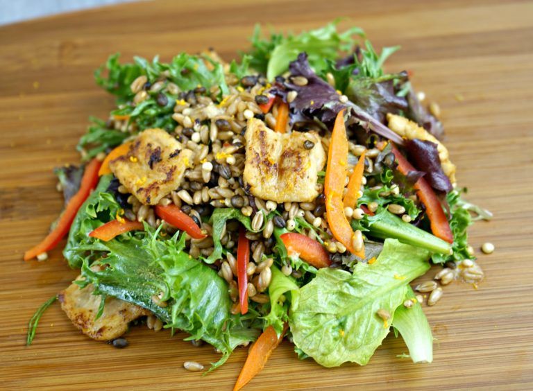 Grain Salad with Miso-Orange Marinated Nuckhen (vegan meat alternative0