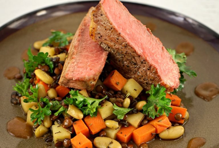 Seared Tenderloin with Sweet Potato, Barley and Lentil Pilaf and Pear Demi-Glace