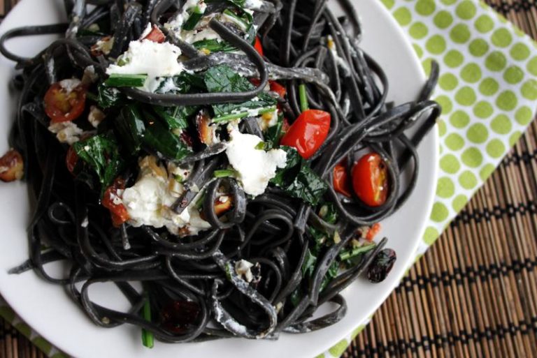Squid Ink Pasta with Cherry Tomatoes and Dinosaur Kale