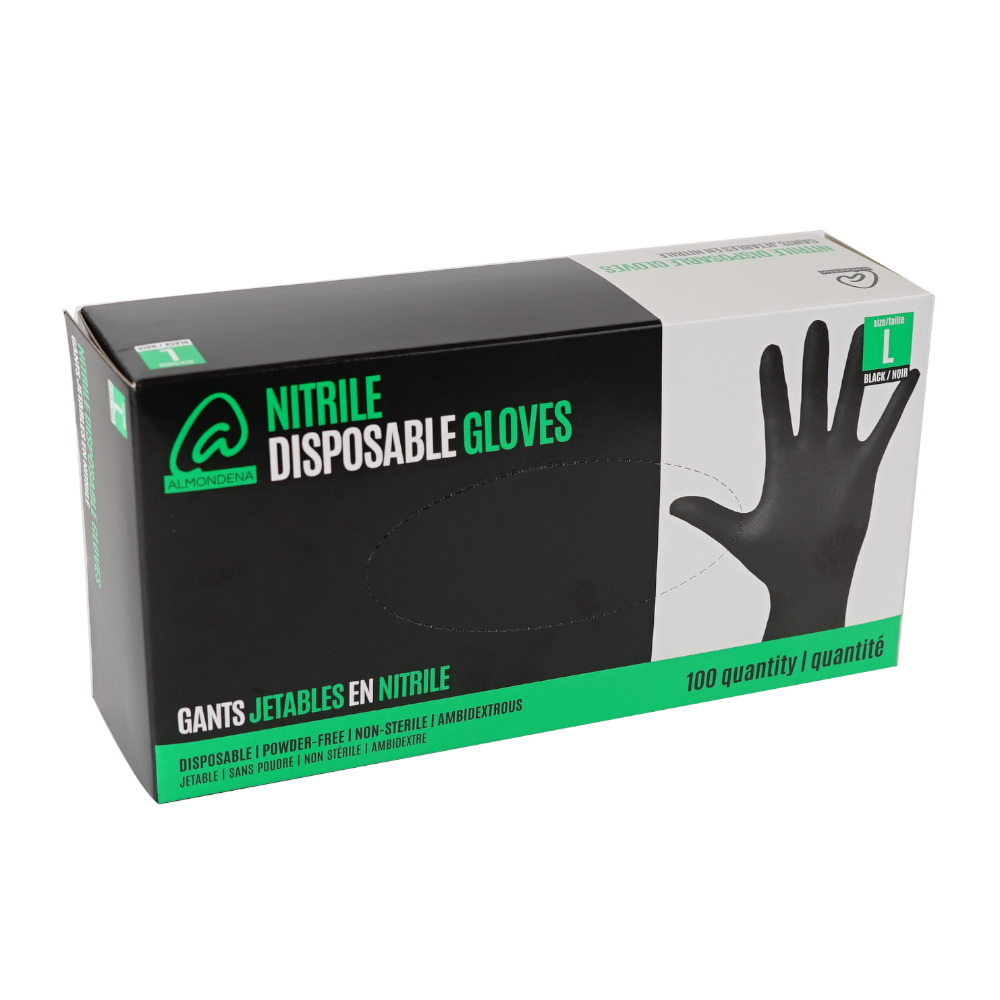 Nitrile Disposable Gloves Black Large Large 100 ct Almondena