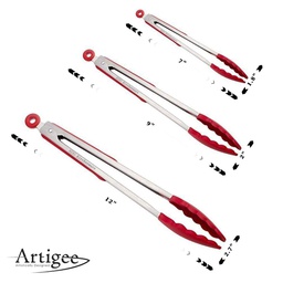 [ARTG-8029R] Tongs Silicone Red 7&quot;, 9&quot;, 12&quot; Set Red Artigee